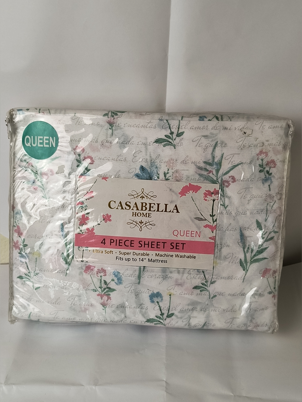 Queen 4-Piece Floral Sheet Set in White with Pink & Green